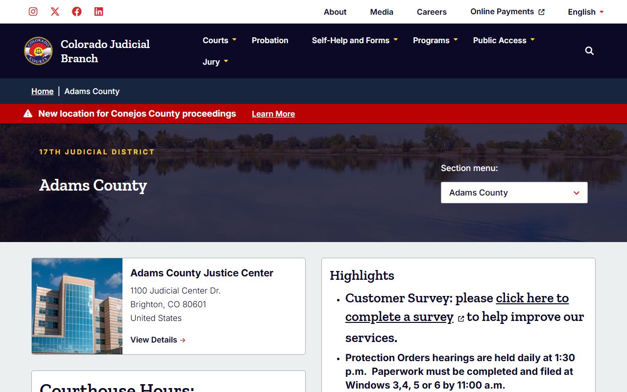 Adams County court page for civil court records