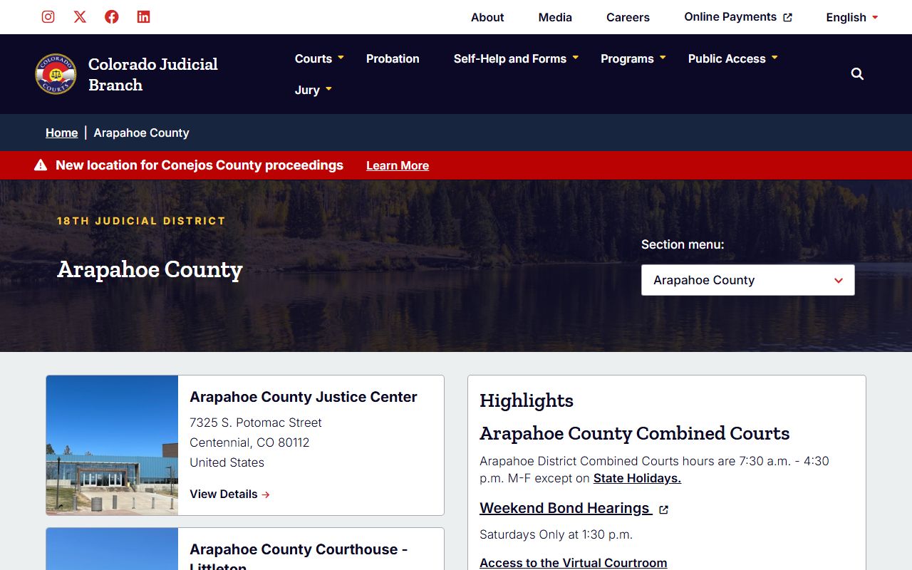 Arapahoe County court page for civil court records