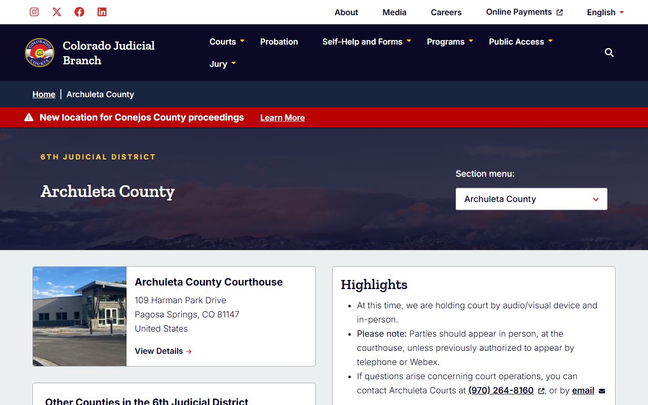 Archuleta County court page for civil court records
