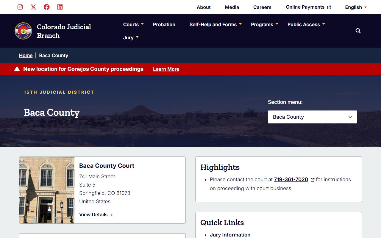 Baca County court page for civil court records