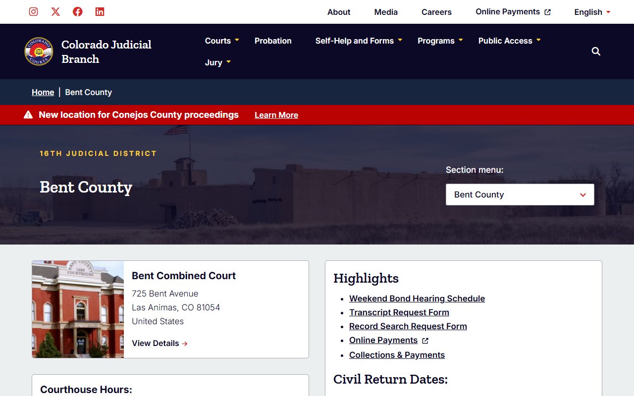 Bent County court page for civil court records