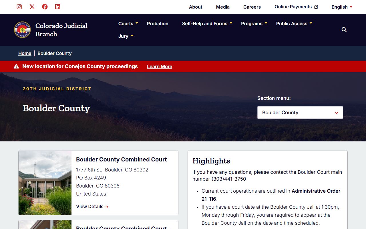 Boulder County court page for civil court records