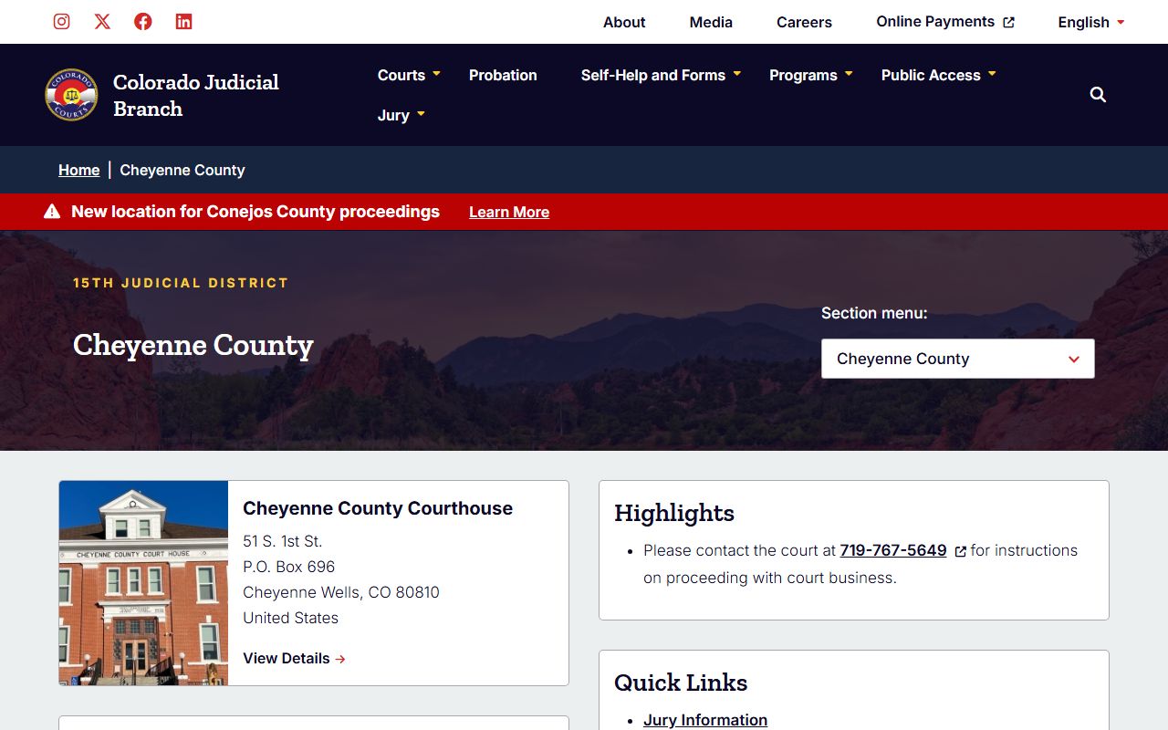 Cheyenne County court page showing civil court records information