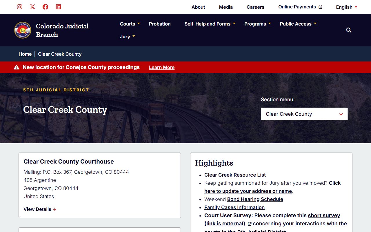 Clear Creek County court page showing civil court records details