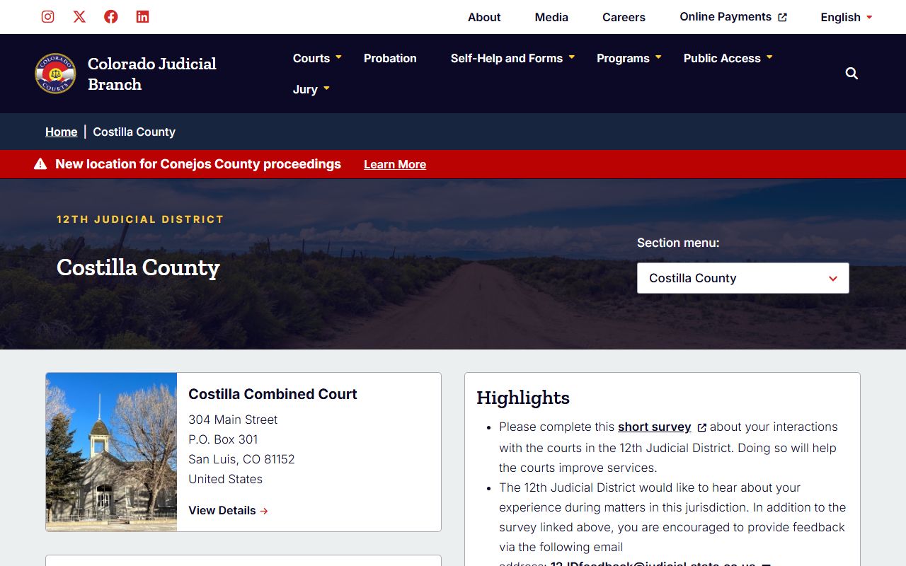 Costilla County court page with civil court records information