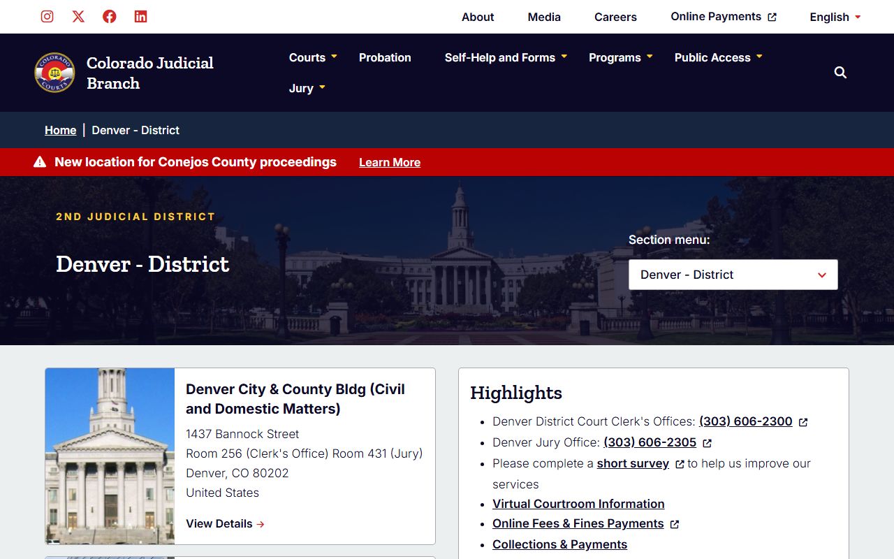 Denver District Court page for civil court records in Denver County