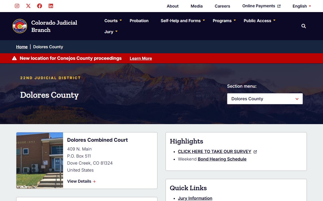 Dolores County court page for civil court records