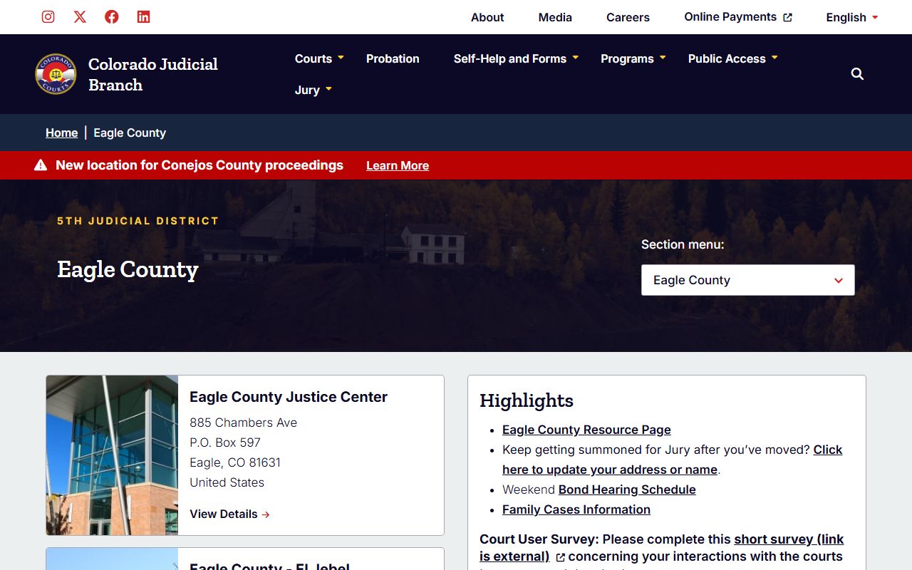 Eagle County court page for civil court records