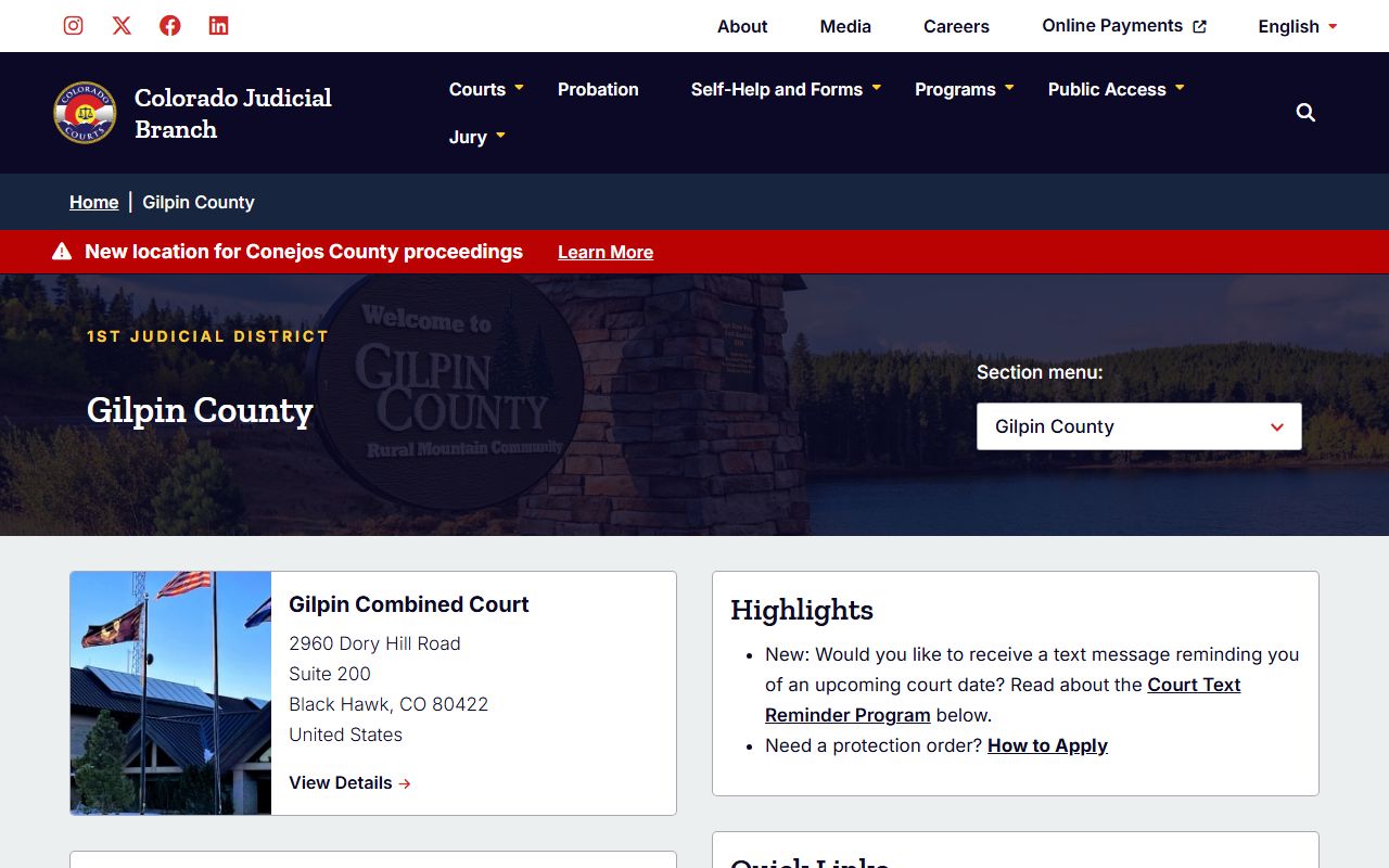 Gilpin County Combined Court page for civil court records