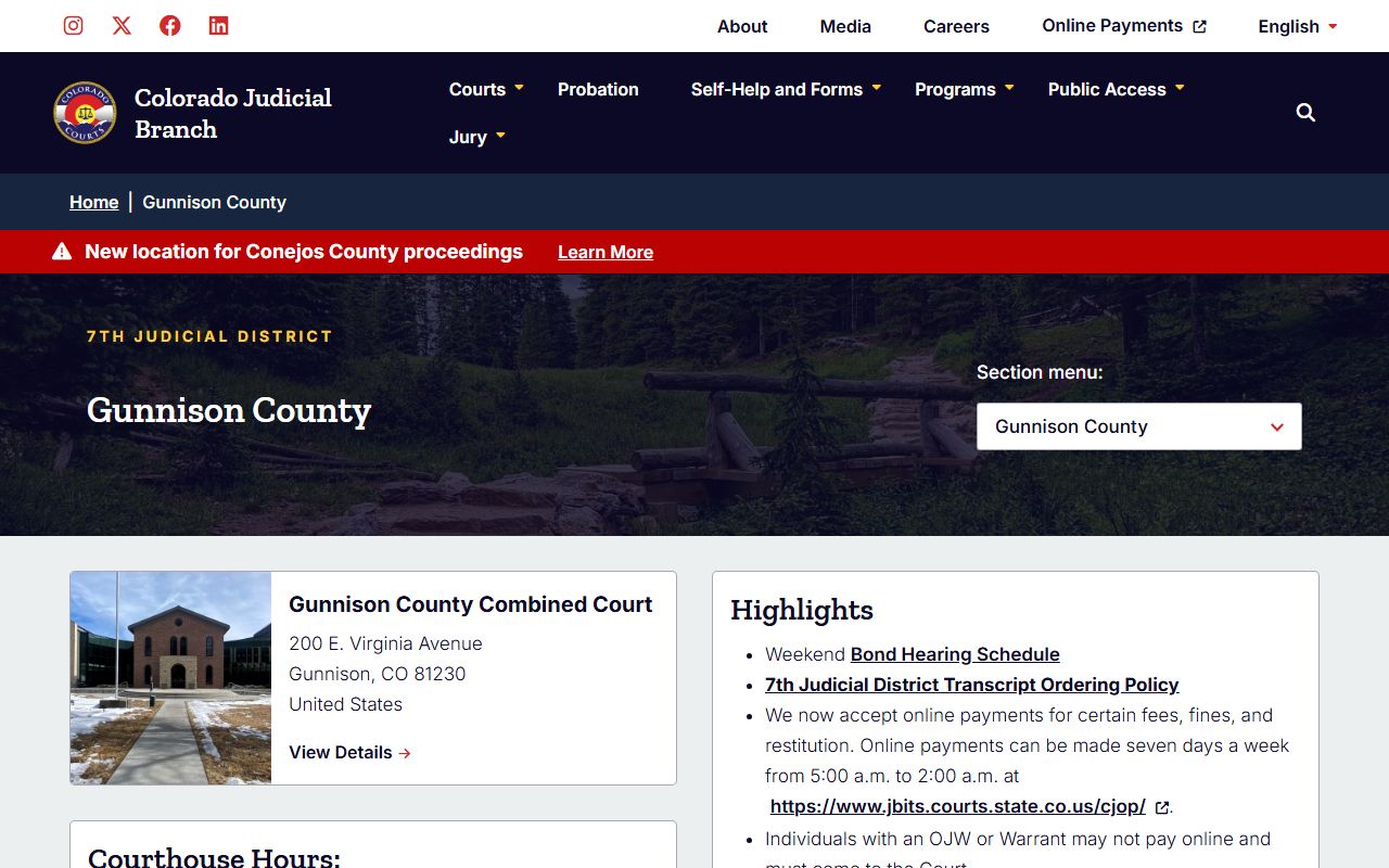 Gunnison County Combined Court page for civil court records