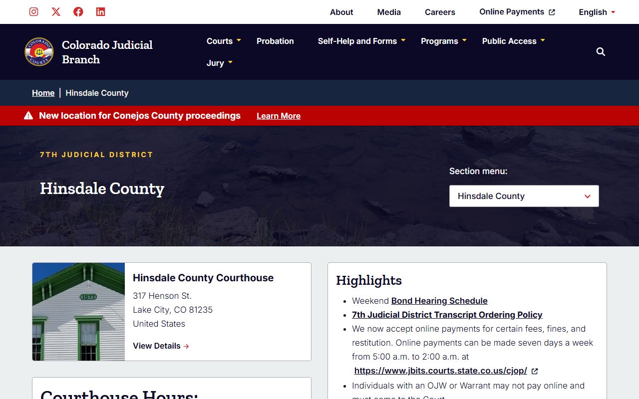 Hinsdale County Combined Court page for civil court records