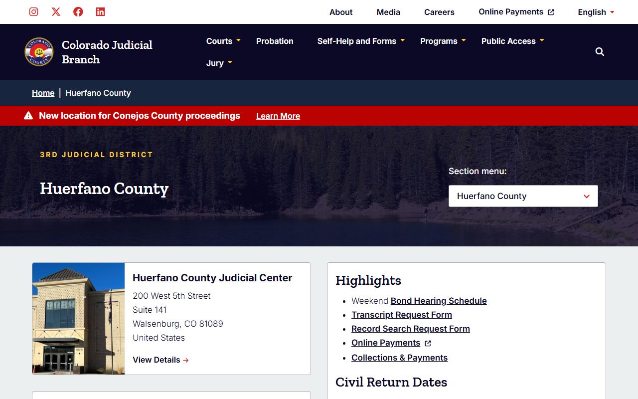 Huerfano County Combined Court page for civil court records