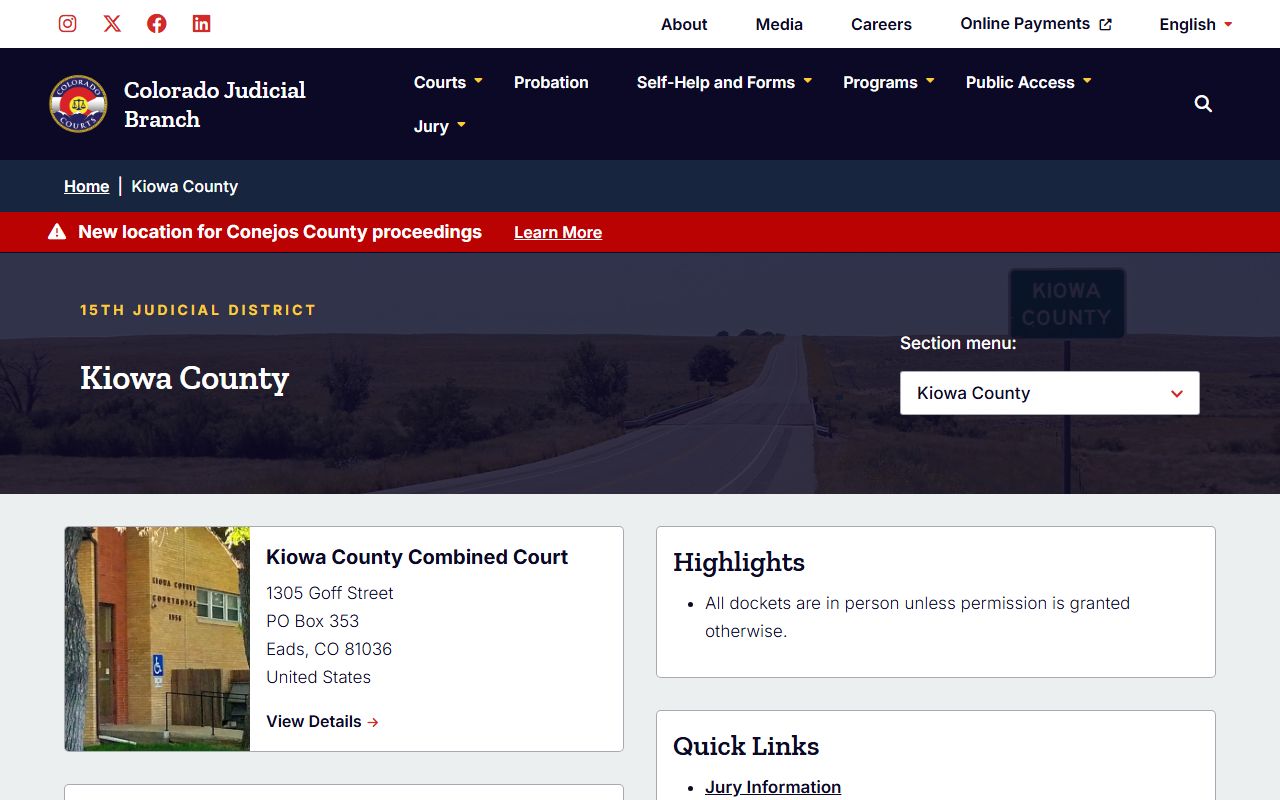 Kiowa County Combined Court page for civil court records