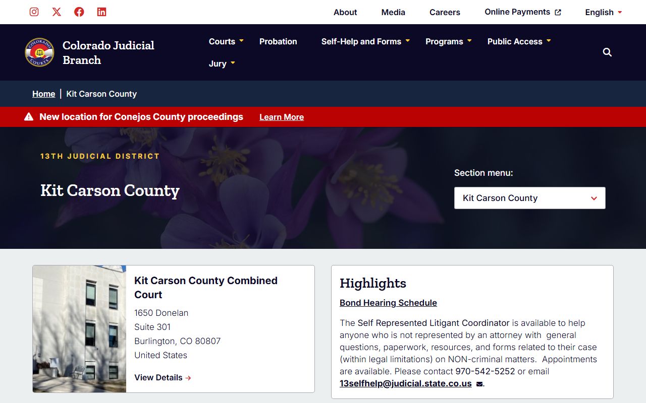 Kit Carson County court page for civil court records