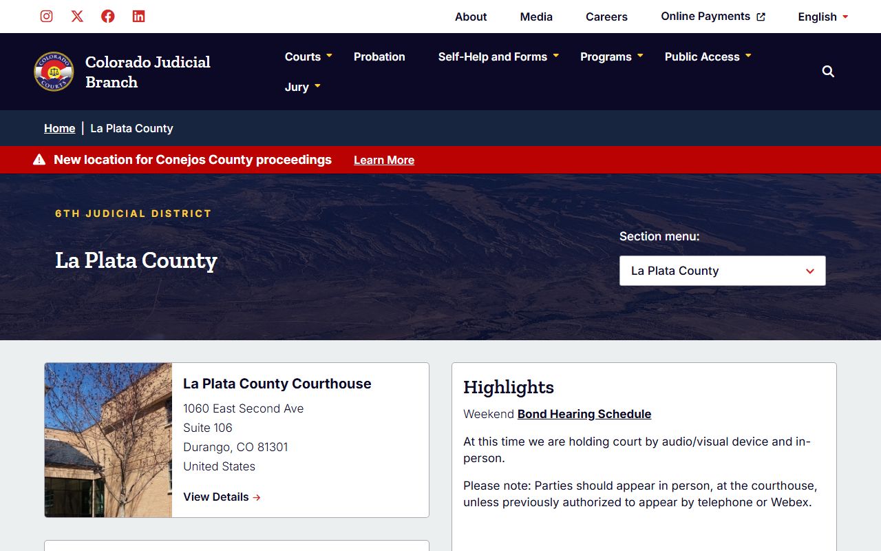 La Plata County court page for civil court records