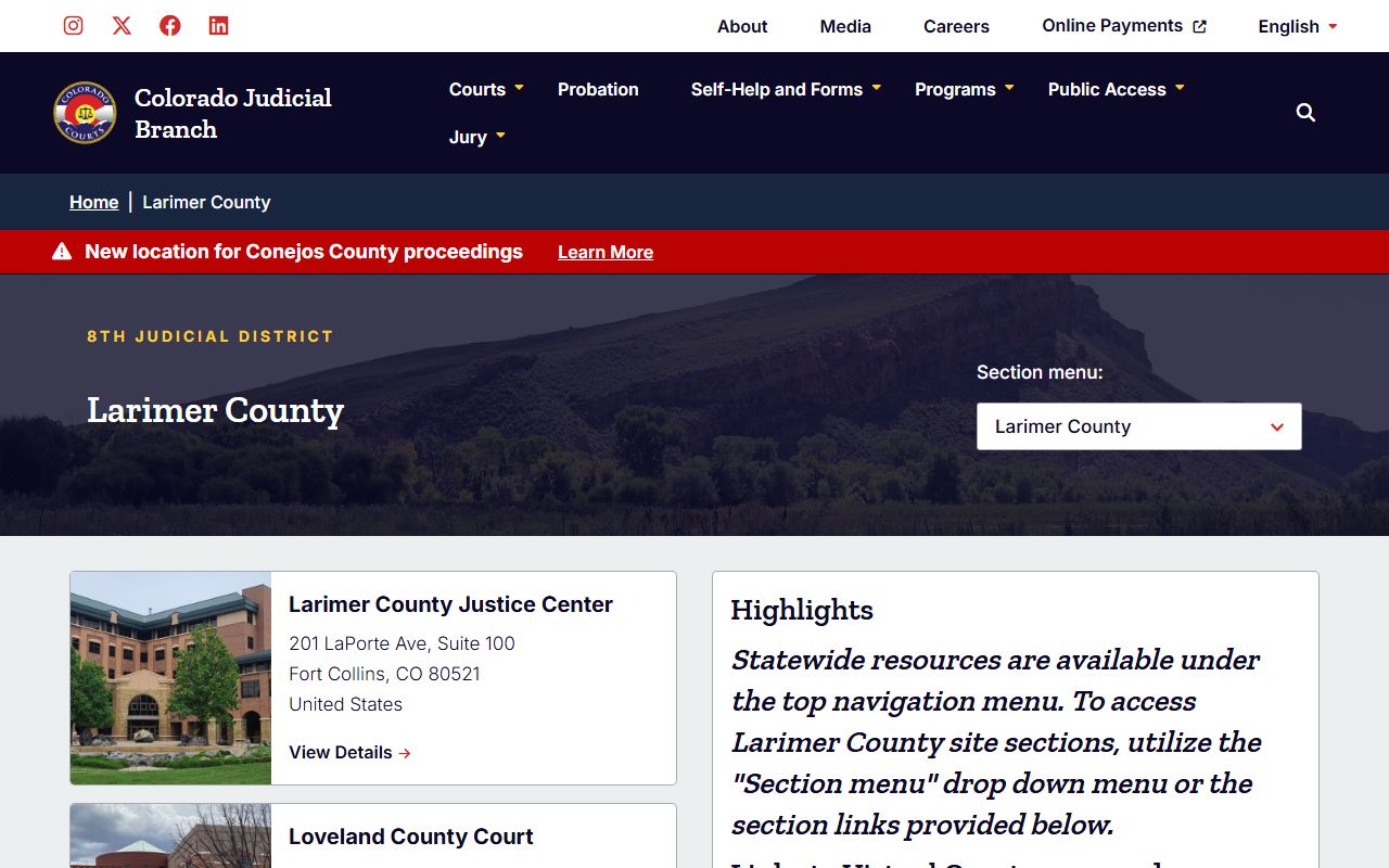 Larimer County court page for civil court records