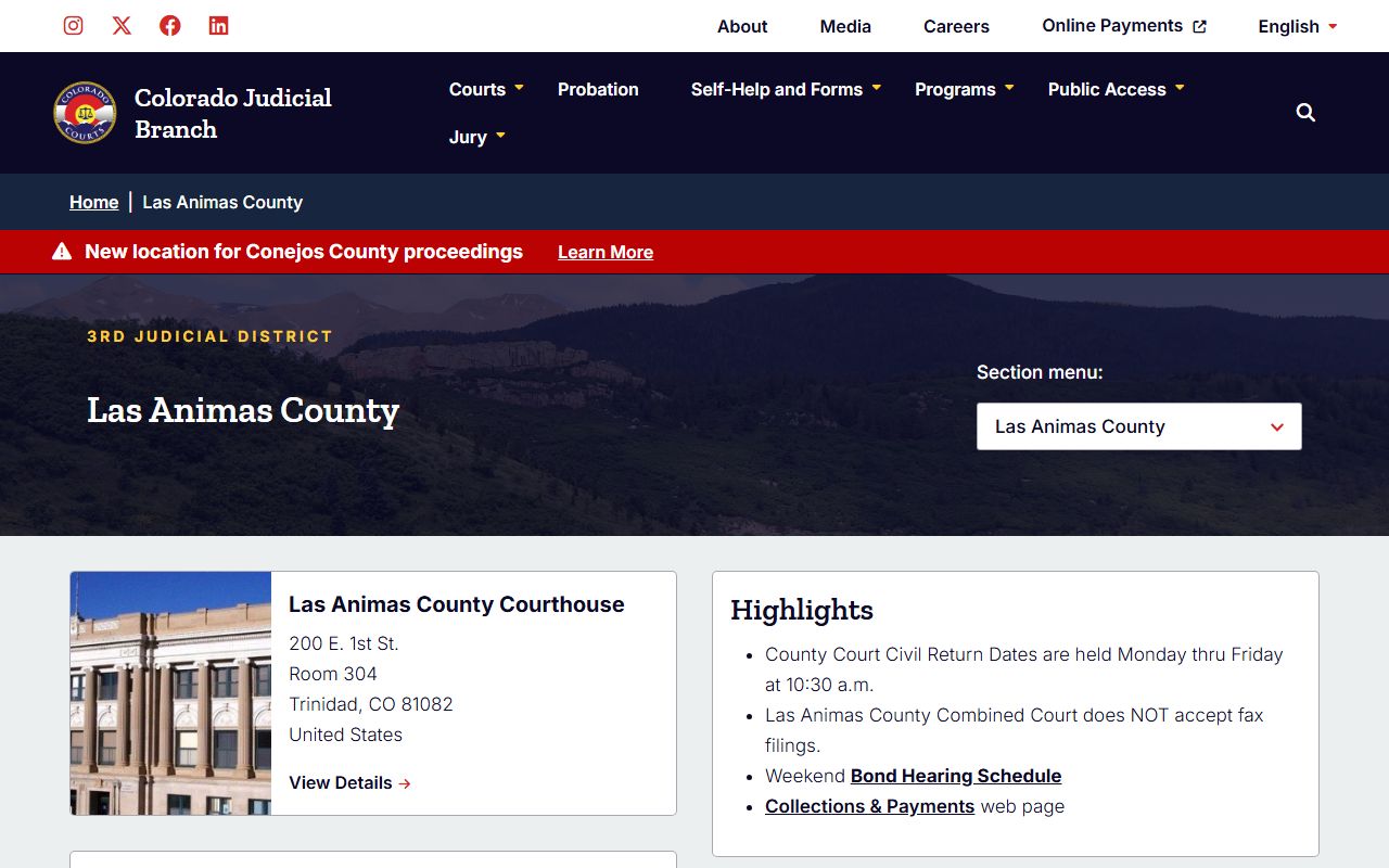 Las Animas County court page for civil court records