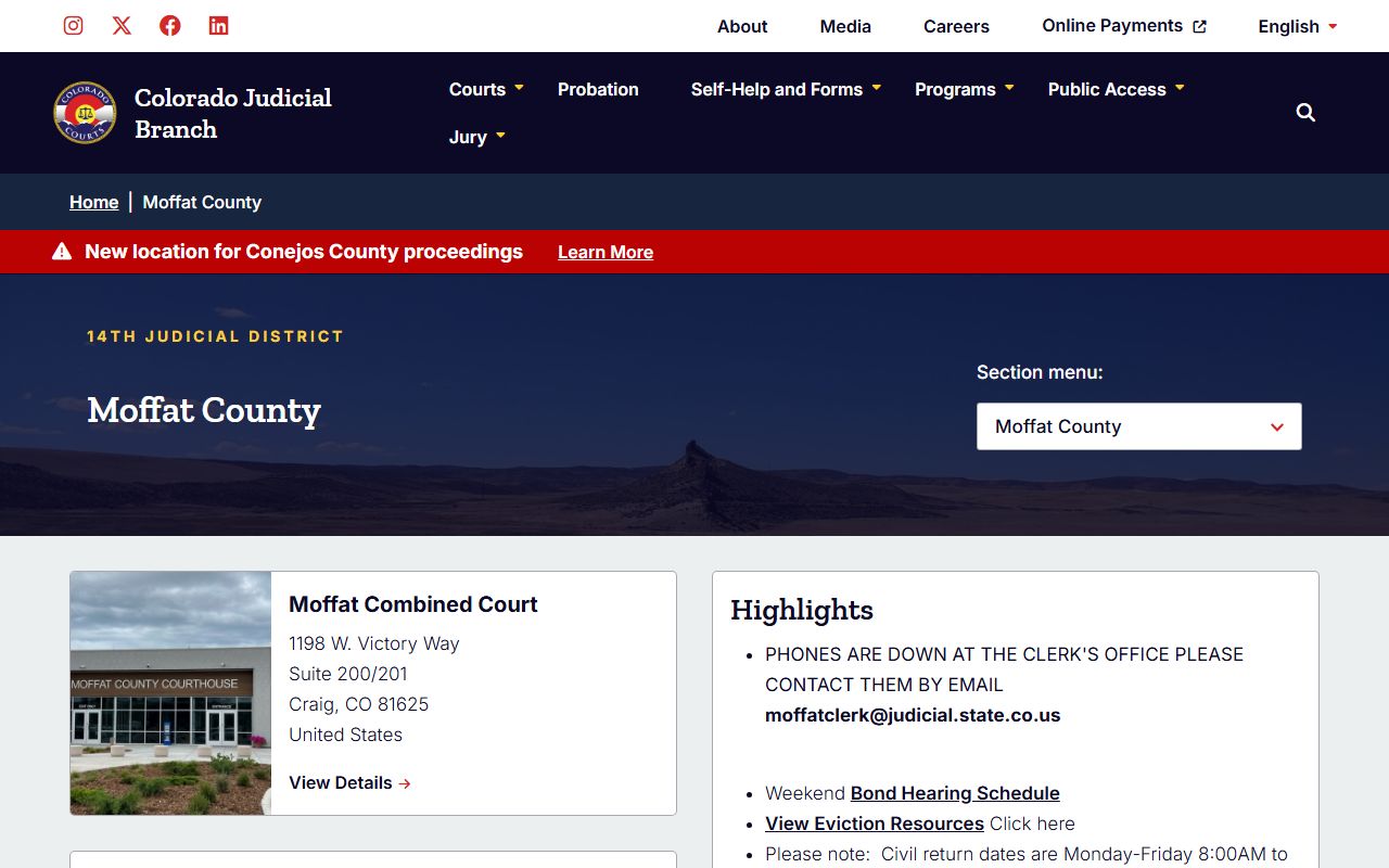 Moffat County court page for civil court records