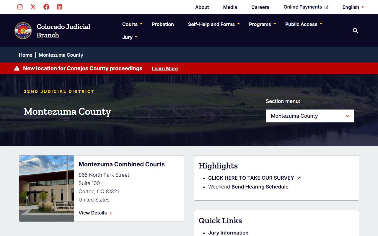 Montezuma County court page for civil court records