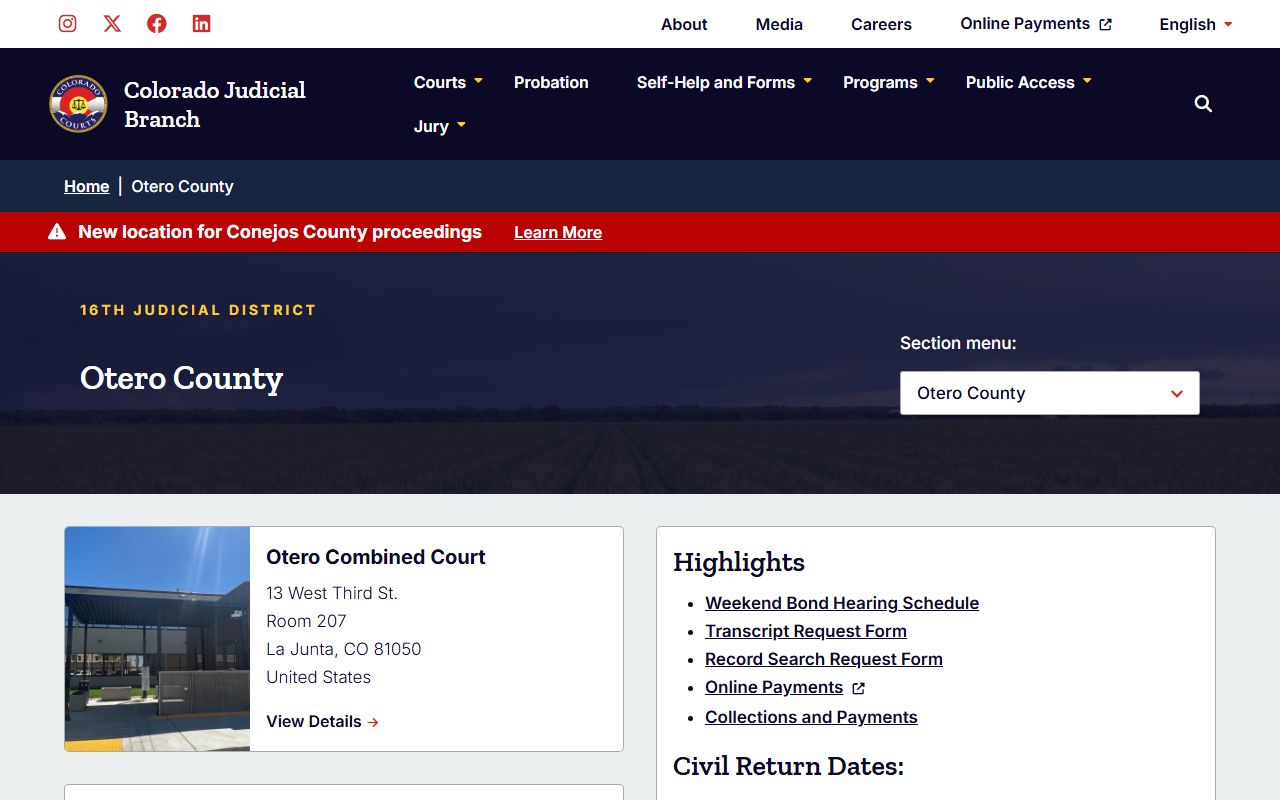 Otero County court page for civil court records