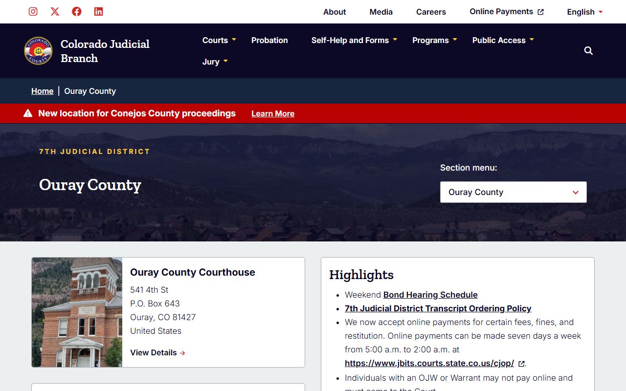 Ouray County court page for civil court records