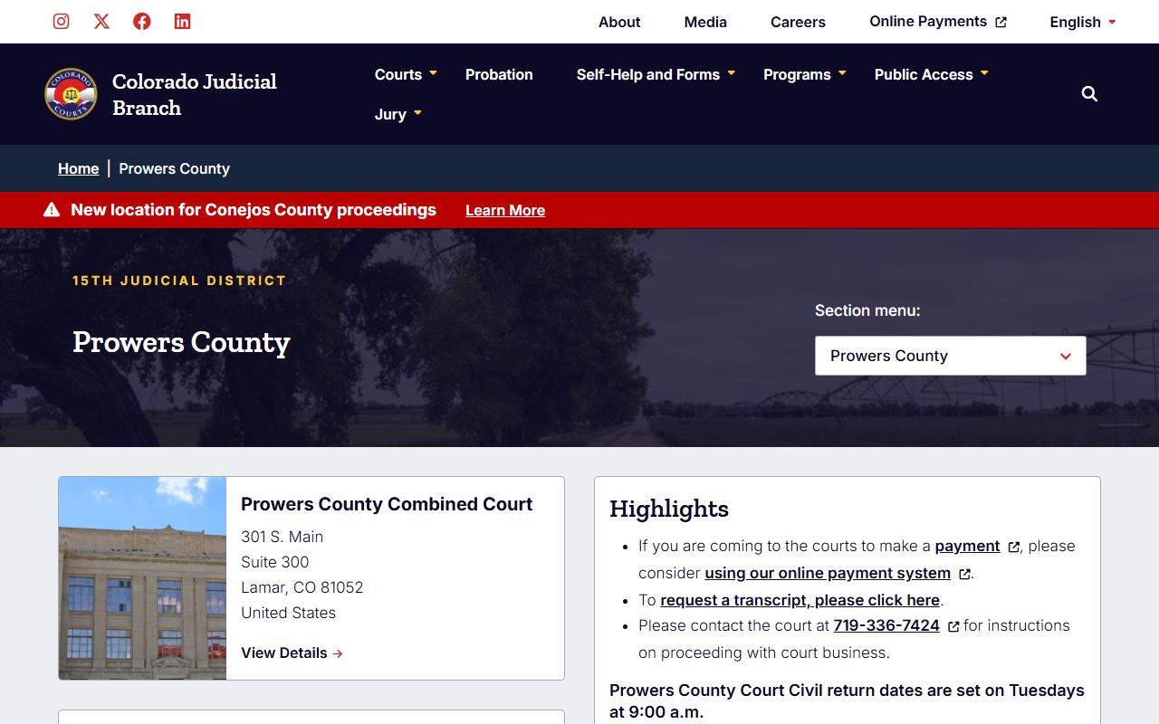 Prowers County court page for civil court records