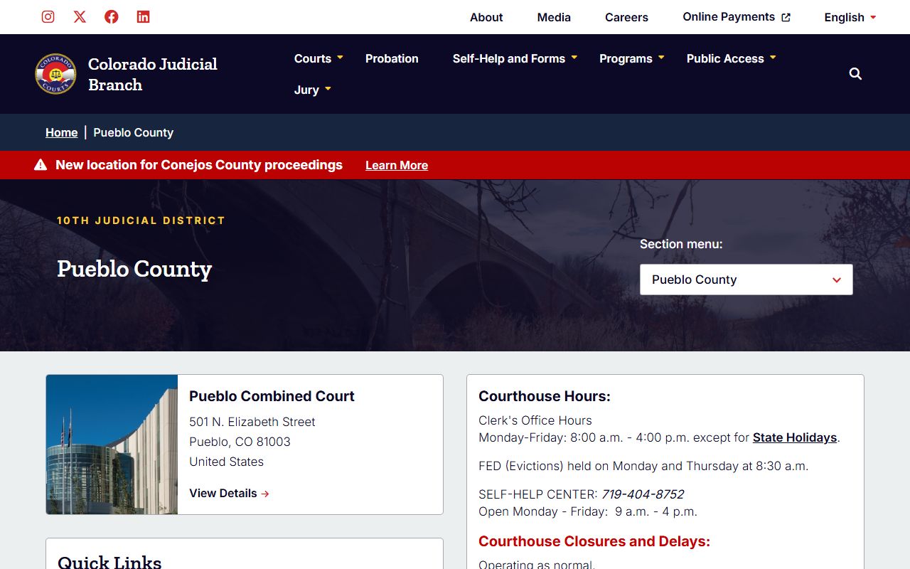 Pueblo County court page for civil court records