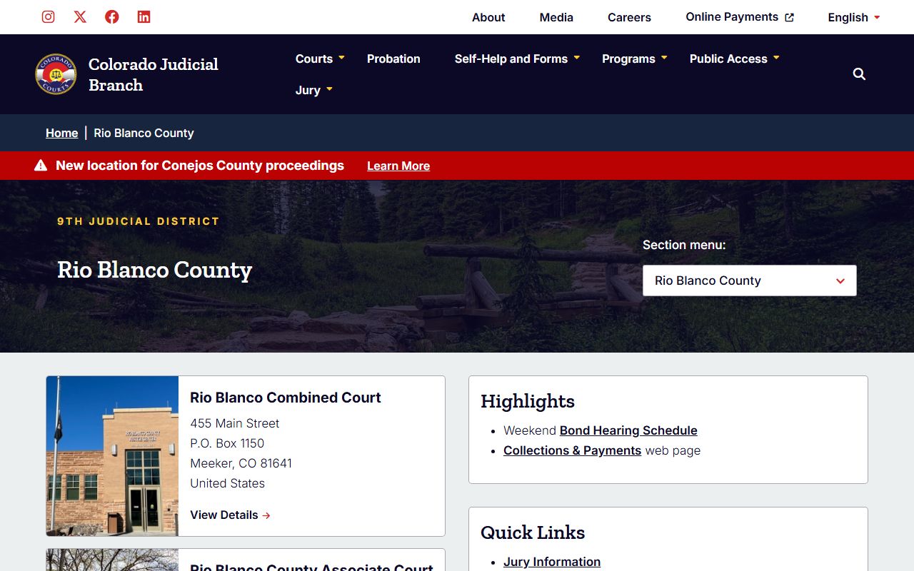 Rio Blanco County court page for civil court records