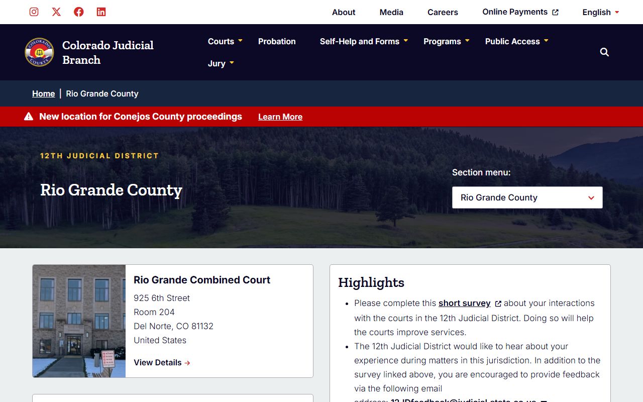 Rio Grande County court page for civil court records