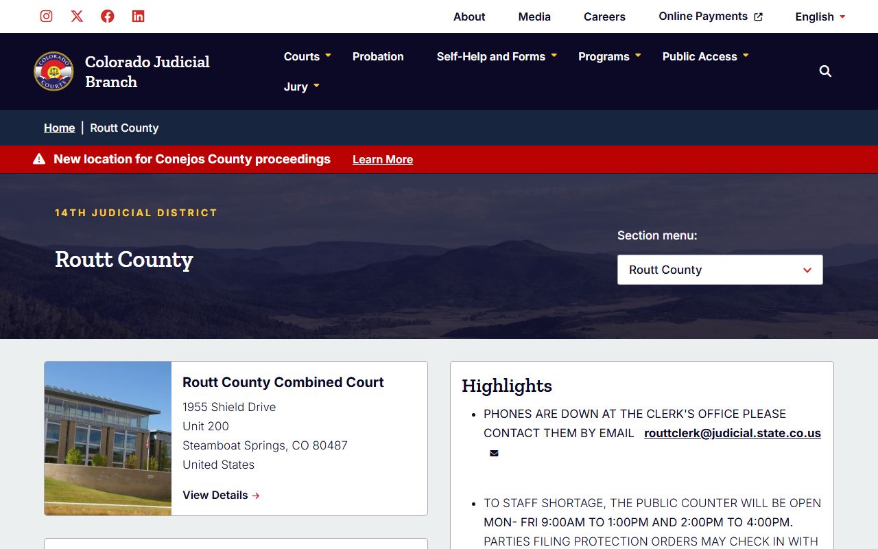 Routt County court page for civil court records