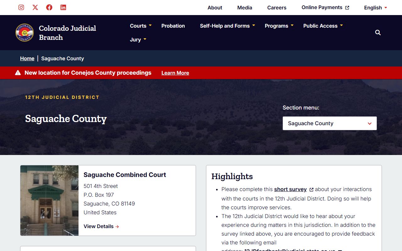 Saguache County court page for civil court records