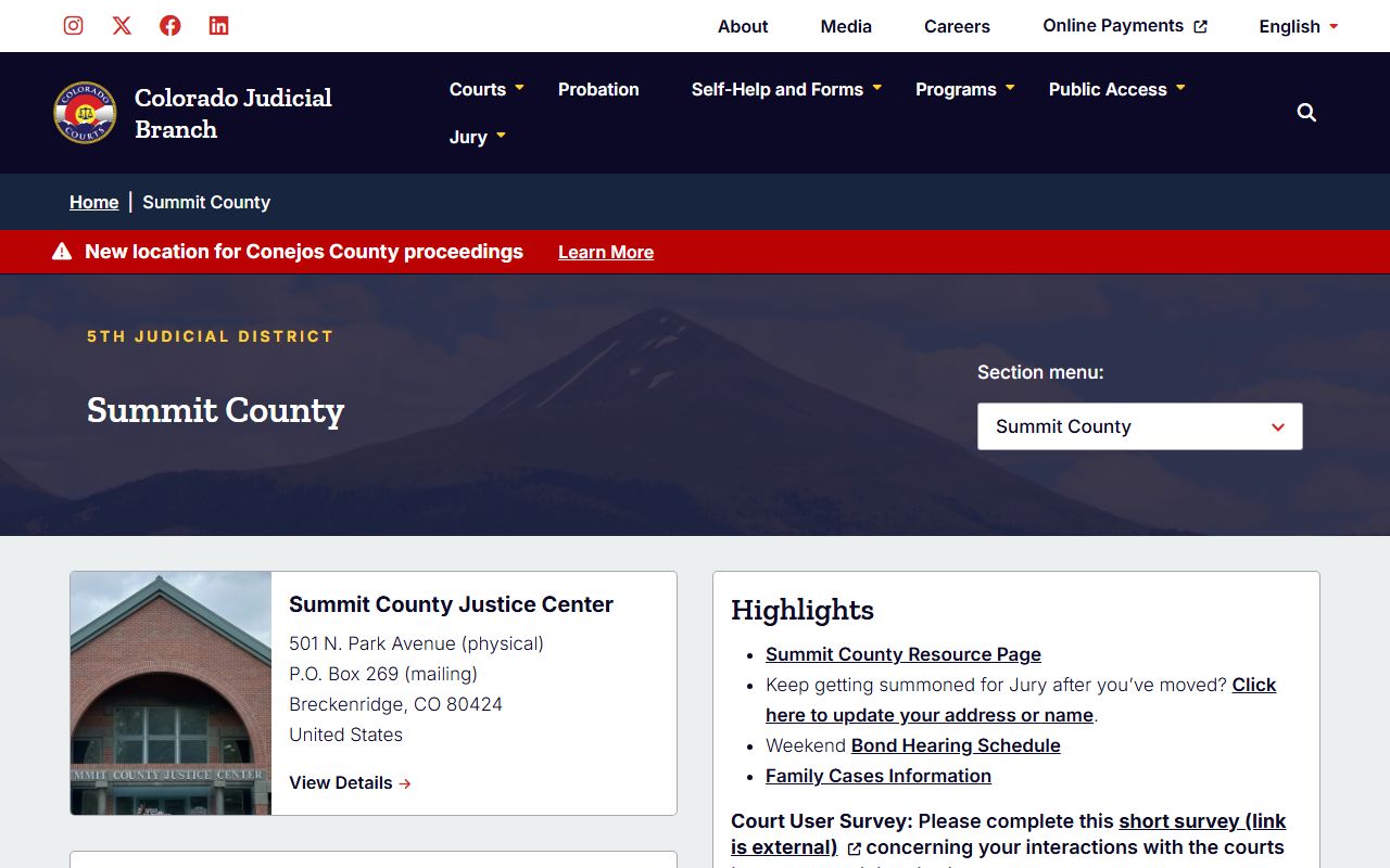 Summit County Court page for civil court records in Breckenridge Colorado
