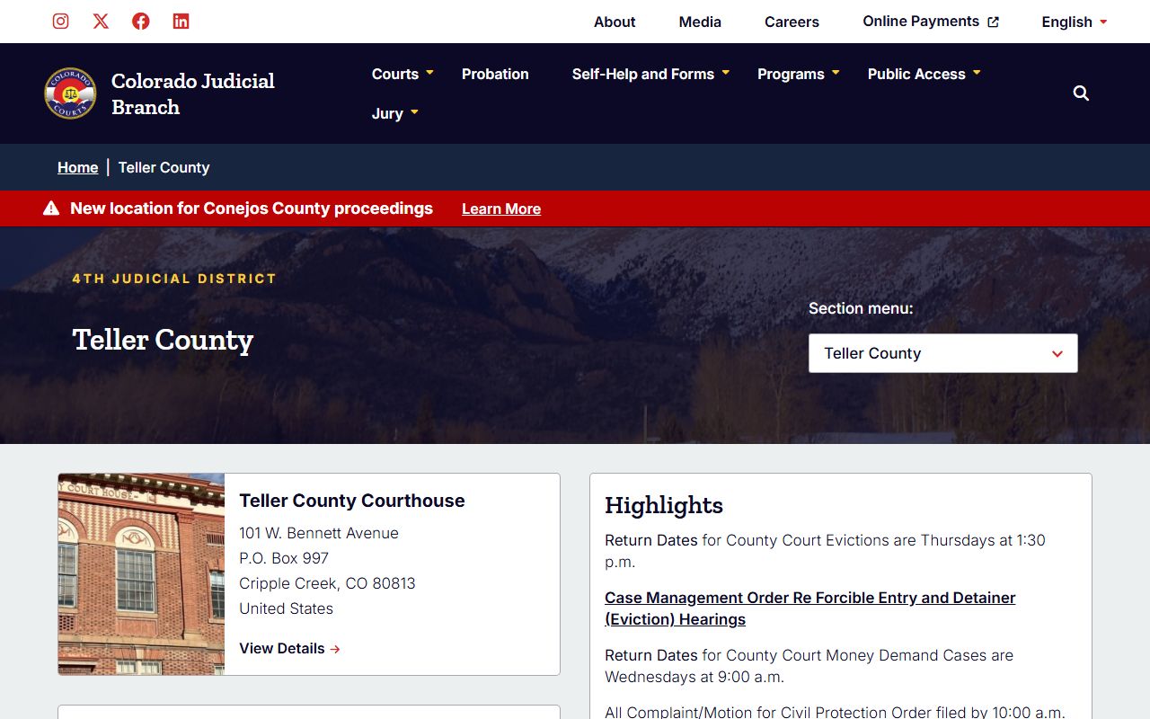 Teller County Court page for civil court records in Cripple Creek Colorado