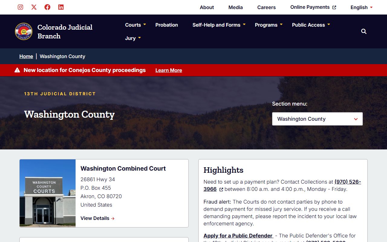 Washington County Court page for civil court records in Akron Colorado