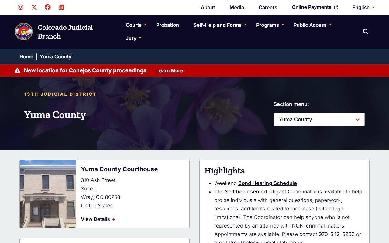 Yuma County Court page for civil court records in Wray Colorado