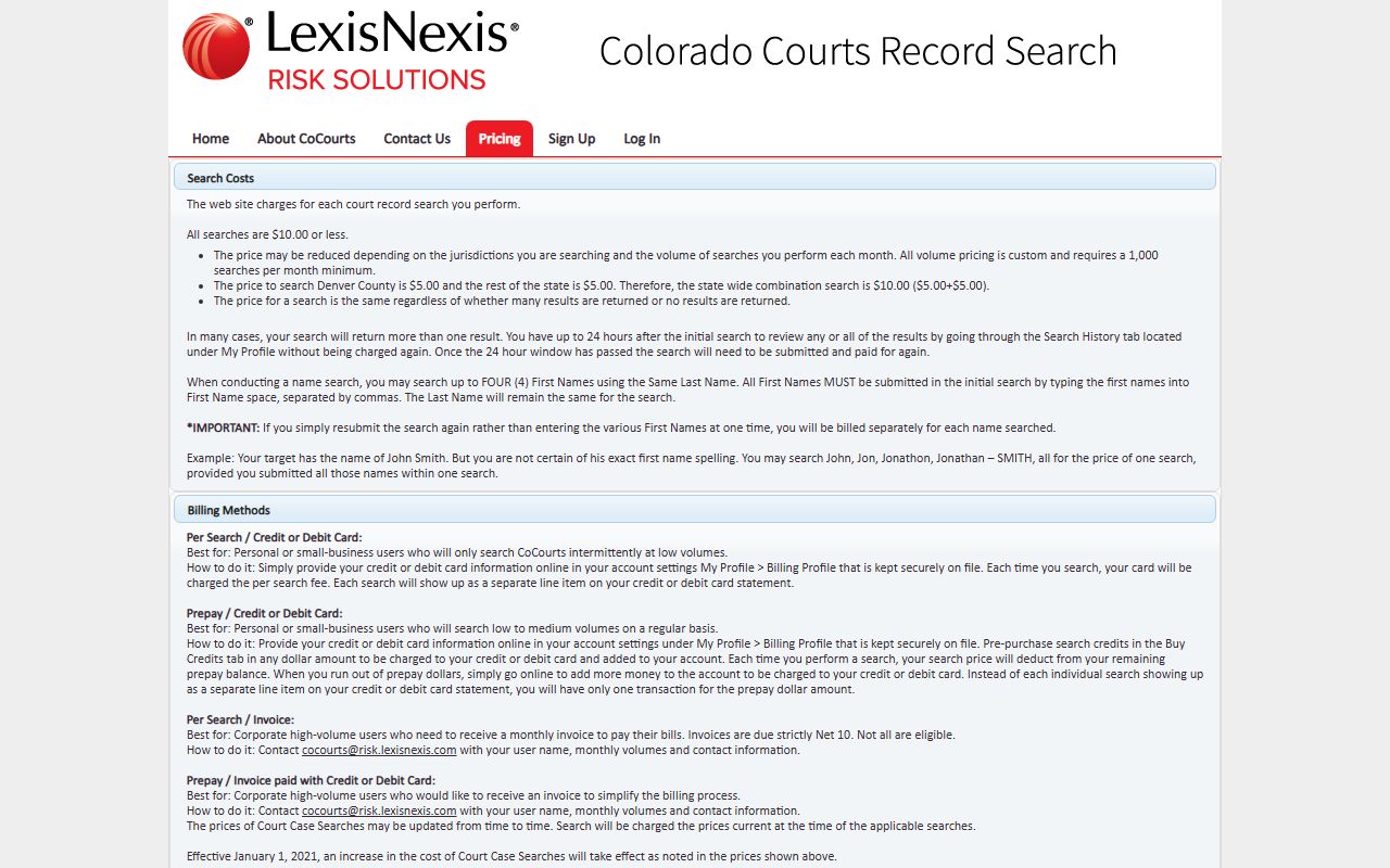 CoCourts pricing page for Colorado civil court records search
