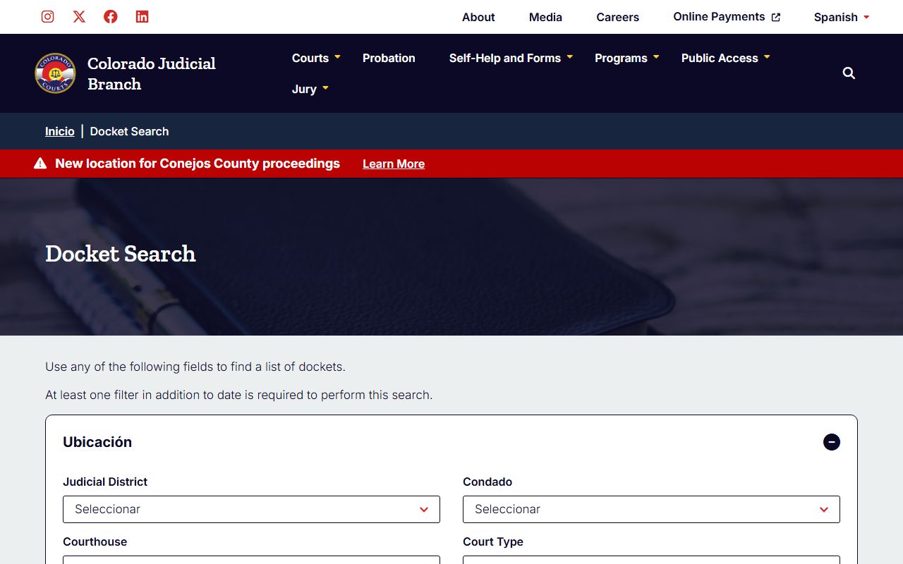 Colorado docket search portal for civil court records